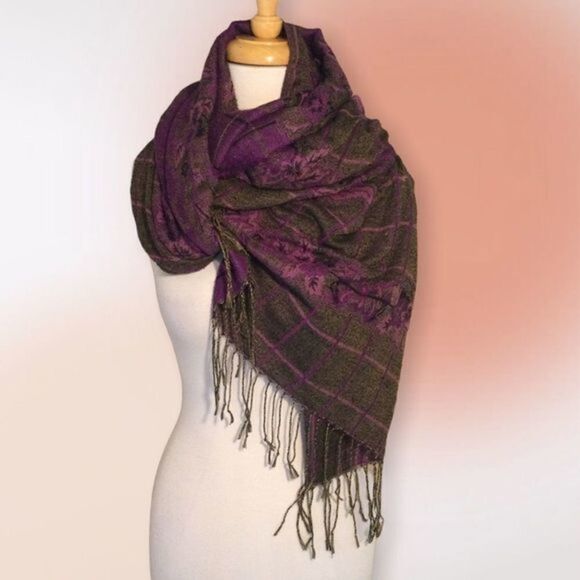 Purple Floral Fringed Pashmina Scarf Wrap - Picture 1 of 8